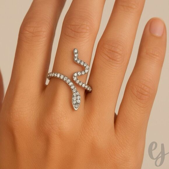 Slither Snake Adjustable Size Cubic Zirconia Silver Unisex Ring Goth Taylor NEW - Picture 7 of 8